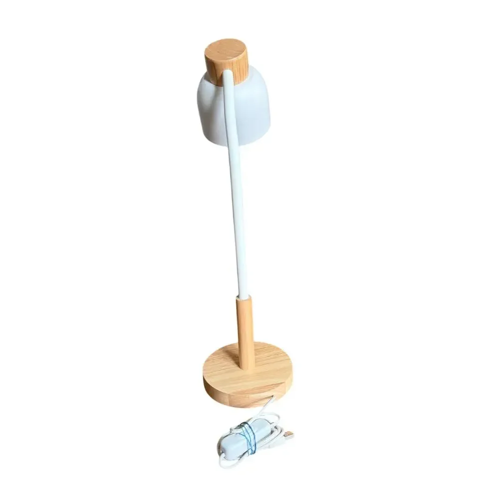 Modern Wood & White Desk Lamp USB Powered Adjustable Gooseneck Table Light